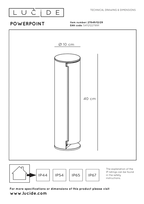 Lucide POWERPOINT - Outdoor socket column – Sockets with earth connection – Type F - EUR/RUS standard - Ø 10 cm - IP44 – Anthracite - technical